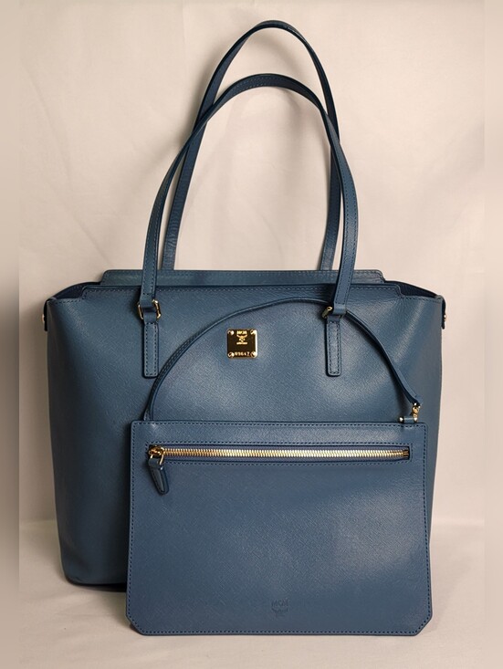 MCM Handbags - Blue MCM Saffiano Leather Shopper Tote Bag Matching Detachable Pouch Gold